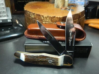 5 1/4 " BOKER FOLDING HUNTER 5 STAR STAG HANDLE 2-D2 TOOL STEEL BLADES LEA SHE - Image 1 of 4