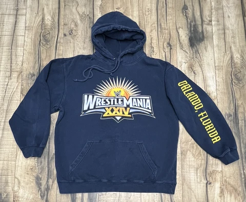WrestleMania 24 RARE 2008 XXIV Navy Blue Sz M Hoodie Orlando WWE Mayweather Cover