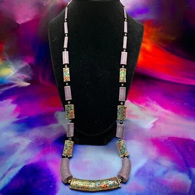 Lavender & Gold-Tone Cloisonné Floral Print Stone Beaded Necklace! - Image 1 of 4