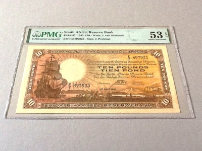South Africa P-87 10 Pounds 1943  PMG 53 EPQ - Image 1 of 4