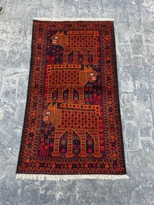 S2479 Pictorial tiger afghan Vintage Handmade Knotted Area Balouchi Rug 153×90cm - Imagen 1 de 8