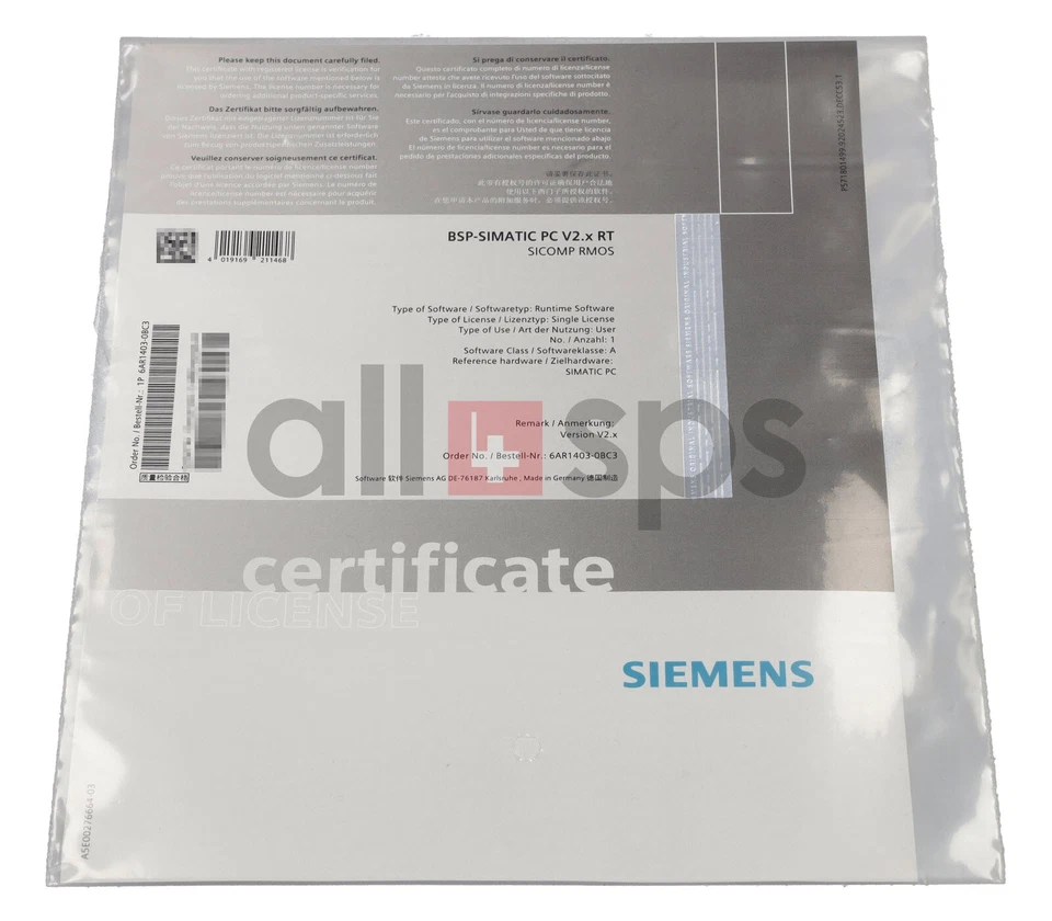 BSP-SIMATIC PC V2.X RT RMOS3 LICENCIA DE TIEMPO DE EJECUCIÓN, 6AR1403-0BC3 (NO) - Imagen 1 de 1