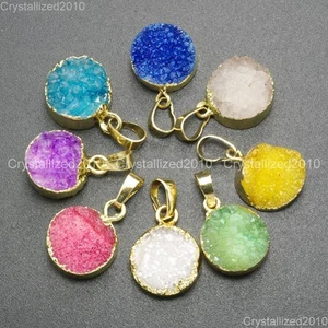 Natural Druzy Quartz Agate Round Pendant Charm Necklace Healing Beads 18K Gold - Picture 1 of 21