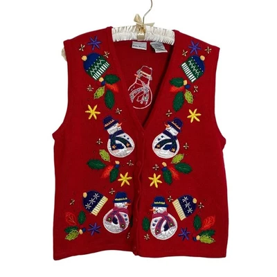 Vintage Bobbie Brooks Embroidered Christmas Sweater Vest Size L Red Snowmen - Image 1 of 4