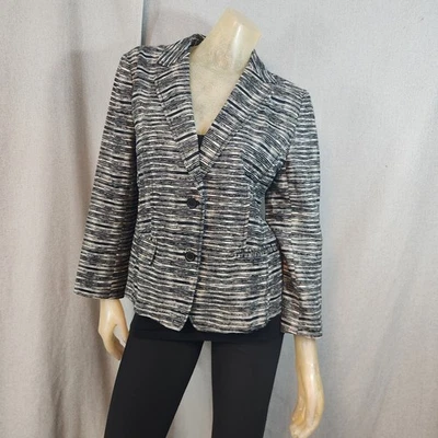 Chaqueta Blazer Ann Taylor LOFT Negra Gris Dorado 2 Botones Sin Forro LS GRANDE Talla 12 Foto 1 de 4
