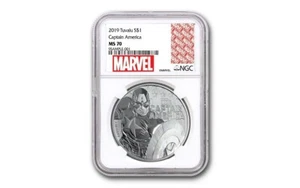 2019 TUVALU CAPTAIN AMERICA 1 OZ SILVER MARVEL SERIES $1 COIN MS70 MARVEL LABEL - Picture 1 of 2