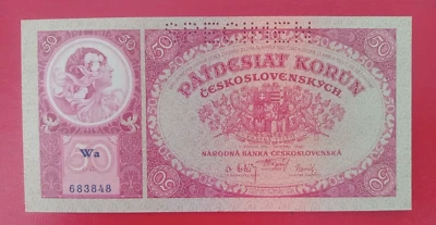Czechoslovakia 1929 50 Korun P-22s Specimen Uncirculated - Image 1 of 2