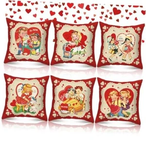 Set of 6 Valentine's Day Pillow Covers 18x18 Vintage Valentine Red Love Heart - Picture 1 of 7