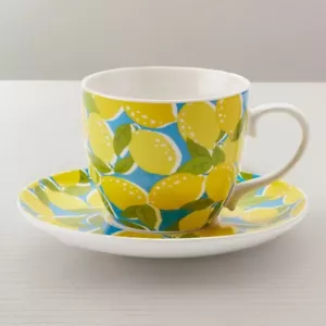 ✅ Draper James RSVP Tazza da Tè e Piattino Limoni Modello Giallo e Blu - Foto 1 di 6