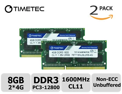 Timetec 2x4GB DDR3 1600MHz PC3-12800 Non-ECC 1.35V 2Rx8 SODIMM Laptop Memory RAM - Image 1 of 4