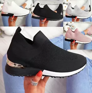 LADIES WOMENS SLIP ON SOCK WEDGE SNEAKERS CLASSIC JOGGING PUMPS SHOES TRAINERS - Picture 1 of 70