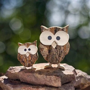 2Pcs Wooden Owl Decor Owl Figurines Wildlife Bark Owls Statue Owl Lover Gift - Picture 1 of 7