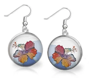 Flowers Hibiscus Watercolor Glass Top Dangle Earrings 2 Sizes Handmade Wires - Imagen 1 de 2