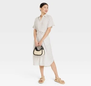 A New Day Women's Short Sleeve Linen Midi Shirtdress Size XXL Cream Stripe - Picture 1 of 8