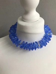 Vintage 1980s Blue Glass Crystal Cut Faux Pearl Chunky Choker Statement Necklace - Picture 1 of 12