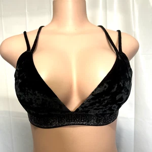 Victoria’s Secret Bra Womans M Black Velvet Strappy Crossed-Back Edgy Pink Logo - Picture 1 of 11