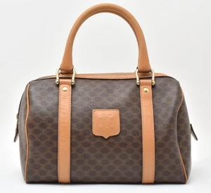CELINE [Rank A] Macadam Mini Boston Bag Hand Purse PVC Leather Brown Vintage - Picture 1 of 15