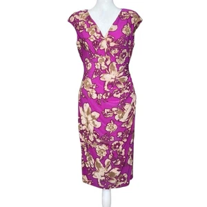 Ralph Lauren LRL Faux Wrap Midi Dress 6 Plunge Ruched Stretch Raspberry Pink Y2K - Picture 1 of 11