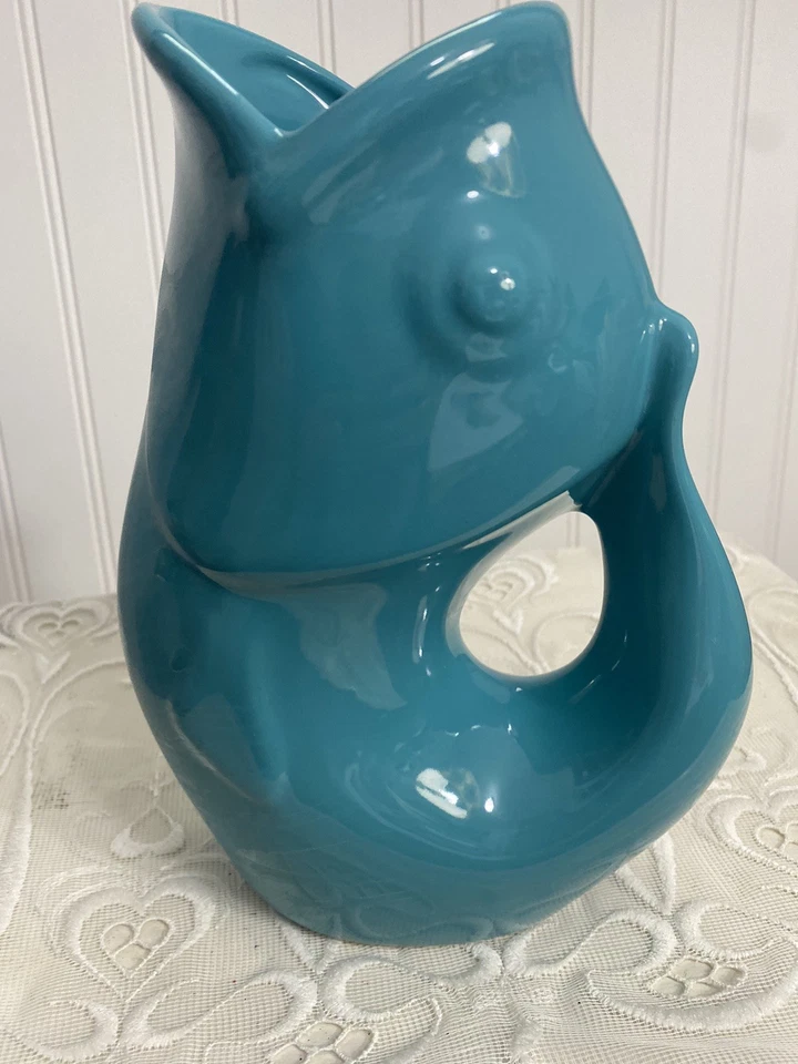 9” Gurgle Pot Fish Pitcher Jug Vase 2006 Stoneware Aqua Blue No Chips/Cracks - Image 1 of 4