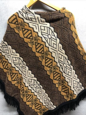 Women’s Poncho NWT Brown Beige Gold Black Fringe One Size - Image 1 of 4