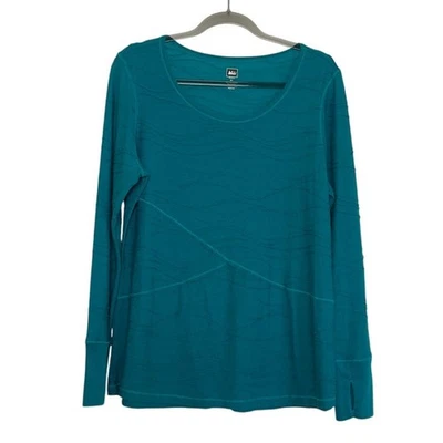 Camiseta REI feminina texturizada manga longa tamanho XL azul-petróleo furos para polegar acampamento ao ar livre caminhada - Imagem 1 de 4