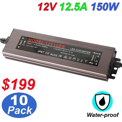 IP67 Transformer AC 120V to DC 12V 12.5A 150W Waterproof Power Supply Adapter - Image 1 of 4