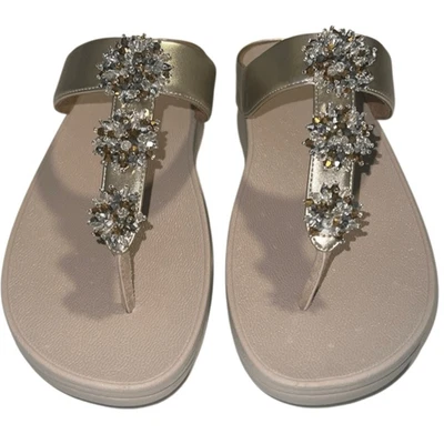 FitFlop Galaxy Gold Embellished Beads Toe Post Leather Sandals Size 10 NIB - Image 1 of 4