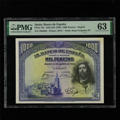 1928 Spain Banco de Espana 1000 Pesetas Pick#78a PMG 63 Choice UNC - Image 1 of 4