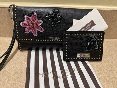 Henri Bendel Wallet Women Bead Black Uptown Organizer Wristlet Floral Full Rare - Image 1 of 4