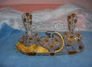 Vintage Bleikristall geschliffenes Glas Parfüm Flakon Waschtisch Set gelb klar Germany - Bild 1 von 1