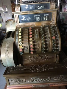 VINTAGE BRASS CASH REGISTER AND OAK ICE BOX - Picture 1 of 10