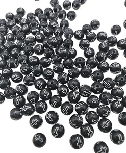 8mm Round Black Opaque Plastic Beads w/ White Crosses - Bag of 50 - Picture 1 of 4
