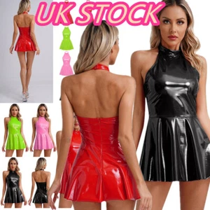 Women~Wet Look PVC Leather Bodycon Mini Dress Halter Backless Club Party Dress - Picture 1 of 48