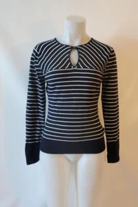 NWT Minnie Rose Navy Blue White Striped Cotton Cashmere Keyhole Neck Sweater L * - Picture 1 of 7