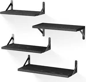 Juego de 4 Estantes Flotantes Estante de Pared de Madera Negra con Soportes Negros Multi Tamaños - Imagen 1 de 7