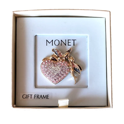 Broche Monet Corazón Estrás Hadas Besándose Rosa Dorado Tono Ángel Nuevo de Lote Antiguo De Colección Foto 1 de 3