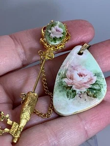Blume Rose handbemalt P MALLORY Vintage Porzellan Anhänger & Anstecknadel M-3648 - Bild 1 von 7
