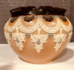 Doulton Lambeth Salt Glazed Planter Bowl Brown Black & Cream c1880 Pinch Top - Picture 1 of 12
