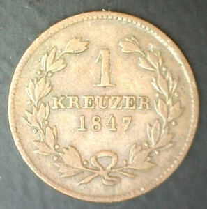 1847 German States Baden Kreuzer Copper World Circulated Copper Coin Germany - Picture 1 of 2