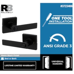Reliabilt Kinross Matte Black Universal Interior Bed/Bath Privacy Door Handle - Picture 1 of 3
