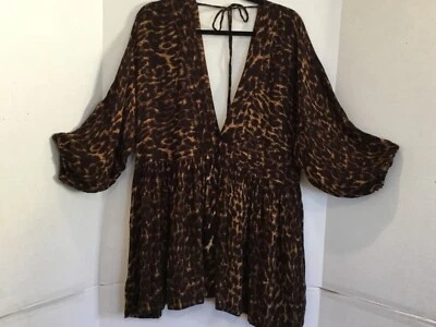 JEN’S PIRATE BOOTY XS Leopard Print Top Deep V Neck Empire Babydoll Brown Tie Bk - Image 1 of 4