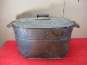 Antique Revere Rustic Copper Boiler Wash Tub Basin Container w/ Lid Wood Handles