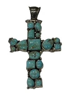 Vintage Navajo Sterling Türkis Kreuz Anhänger groß 2,5" & 21,48 Gramm - Bild 1 von 4