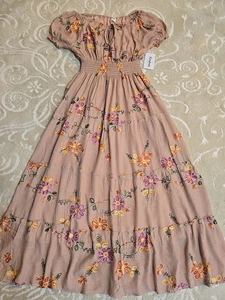 NWT Anthropologie Kindred Sz PL Embroidered Tiered Boho Maxi Dress Lined - Picture 1 of 10
