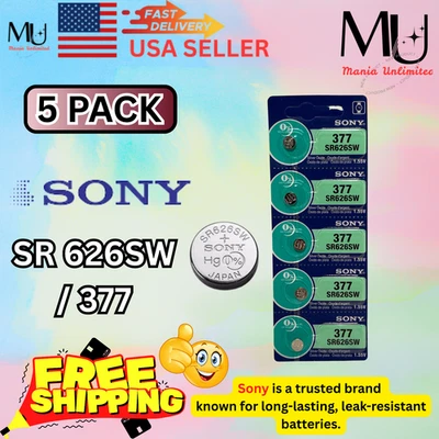 5 X New SONY 377 SR626SW 1.55V Silver Oxide Button Battery Expire Date Dec/2031 - Image 1 of 4