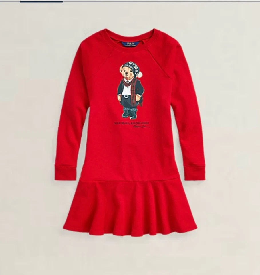 Girls Polo Ralph Lauren Holiday Dress Red Polo Bear Drop Waist Size 16 — 第 1/2 张图片