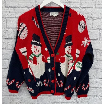 Cárdigan Suéter Vintage Cabin Creek Navidad Talla L Rojo Azul Muñeco de Nieve Feo Foto 1 de 4