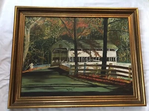 Original Jane Locke ‘62 Covered Bridge Painting Framed Board Fall Scenery 29x22” - Picture 1 of 5