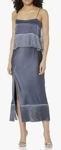 Cinq a Sept $595 Fringed Silk Midi Dress Size 6 Shadow Blue NWT - Picture 1 of 8