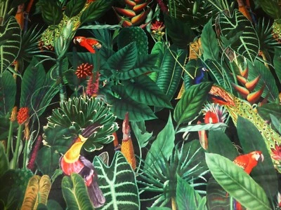 ELLBEE FABRICS Rainforest Tropical Printed Velvet Fabric Curtains Cushions Furnishings in BLACK